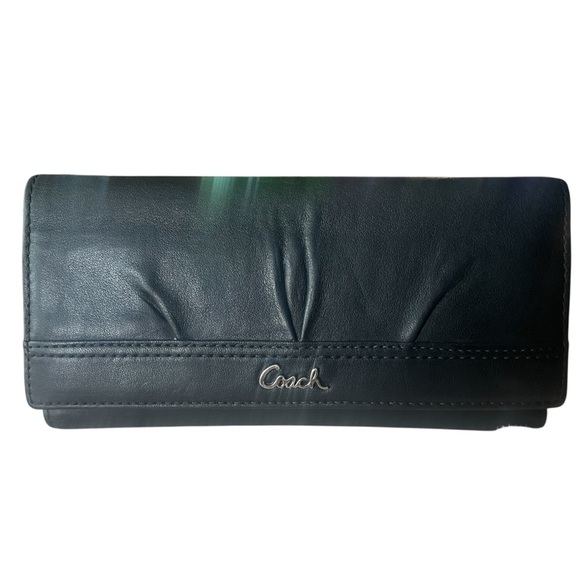 Vtg COACH Soho Leather Wallet Trifold Soft Slim Black Pleated Blue Lining Clutch - Picture 7 of 8